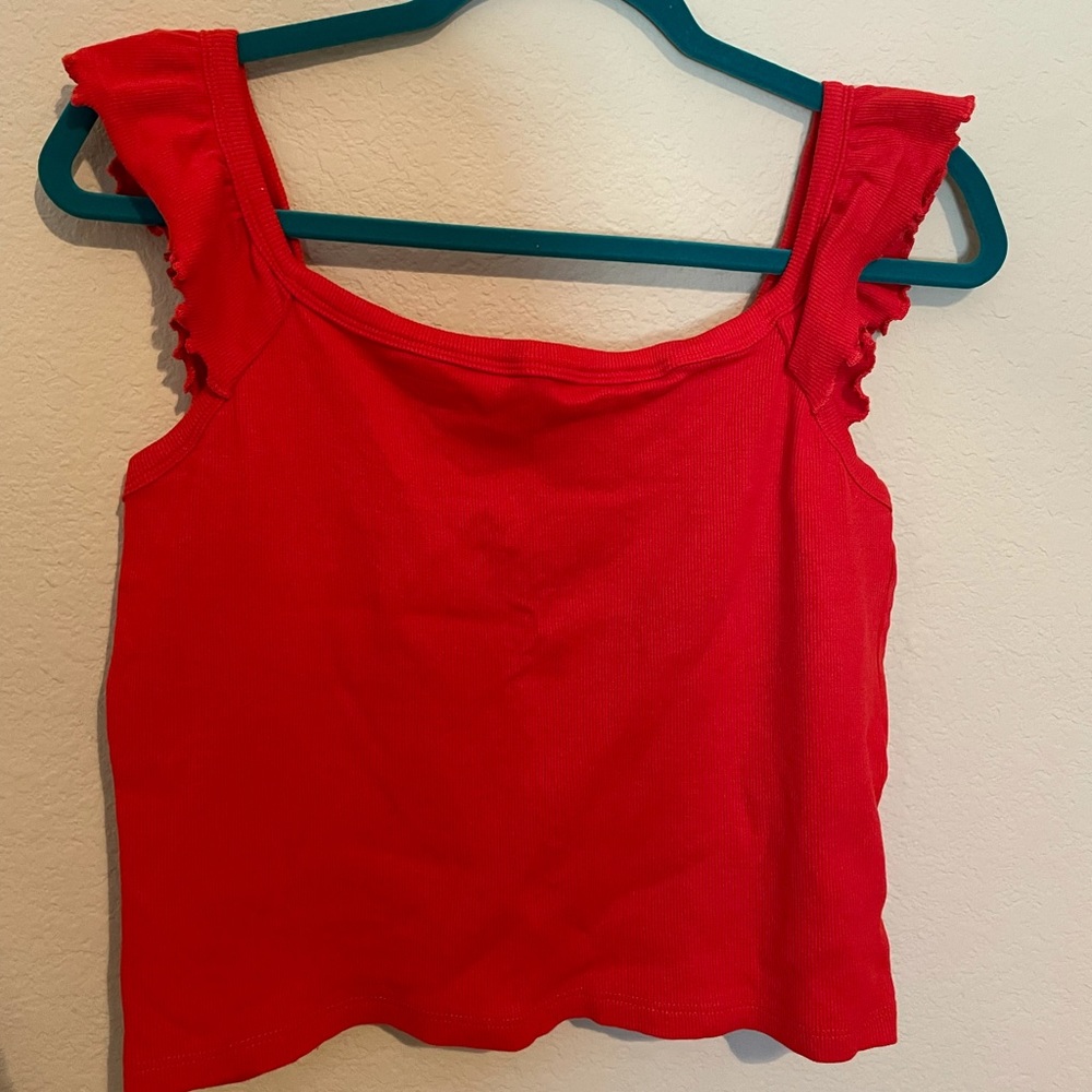 Red ribbed crop top with ruffle straps